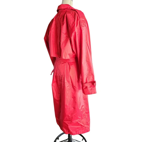 Vintage 80s Paris Sport Club Red Belted Long Nylon Trench Coat Women's 7/8 M - Picture 8 of 16